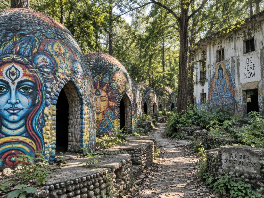 Beatles Ashram (Chaurasi Kutia), Rishikesh — mural-painted meditation domes in the forest