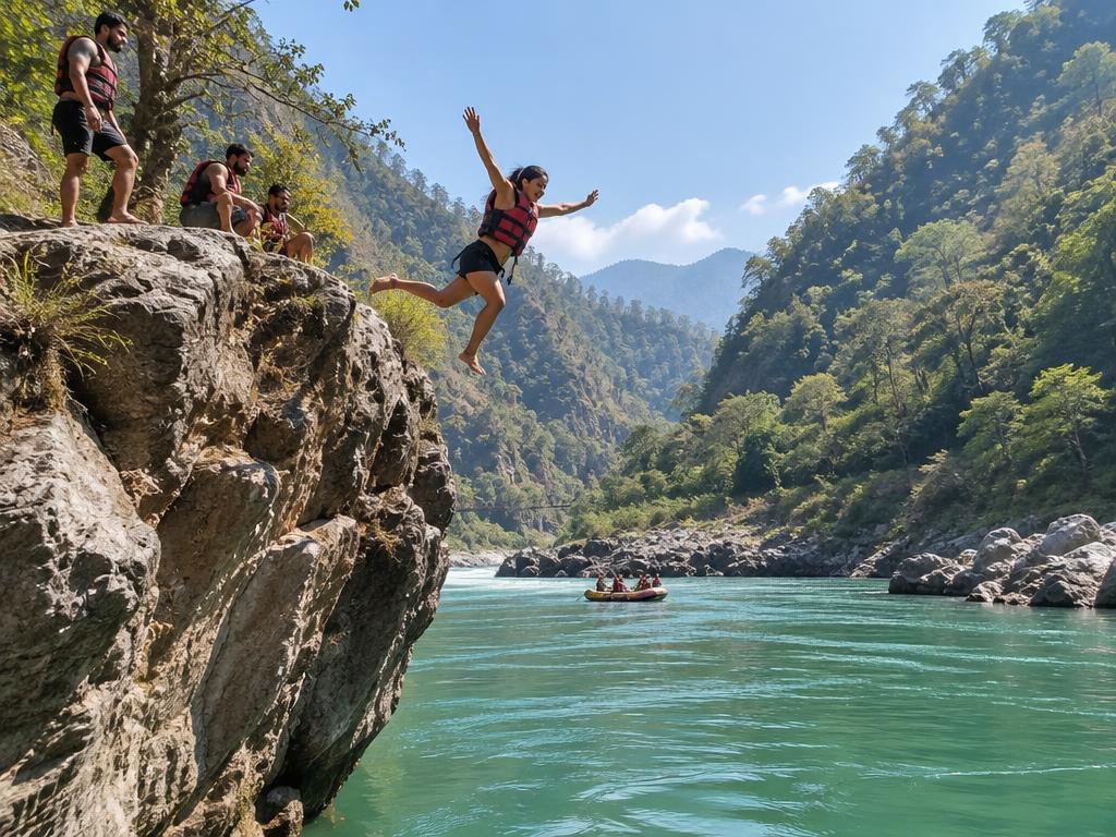 Cliff jumping into the green Ganges near Rishikesh