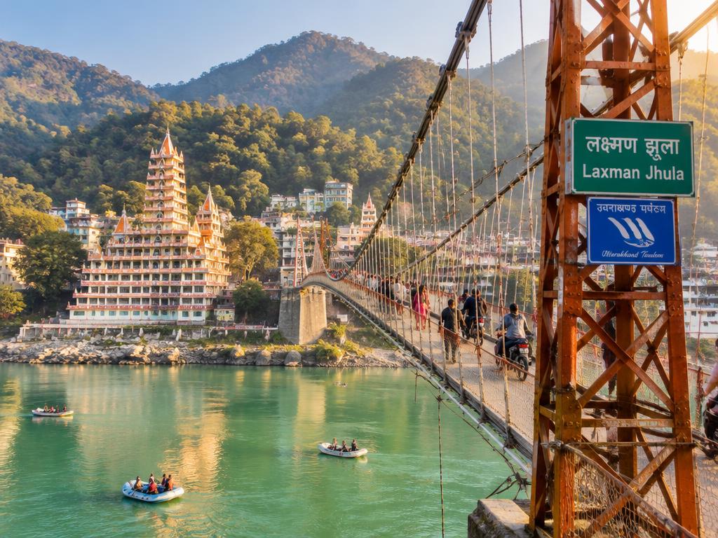 Laxman Jhula suspension bridge over the Ganges, Rishikesh, with Tera Manzil temple behind
