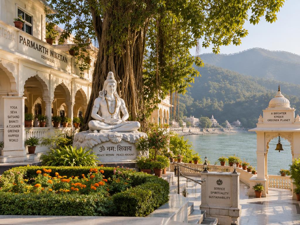 Parmarth Niketan ashram courtyard, Rishikesh — Shiva statue under a banyan tree by the Ganges
