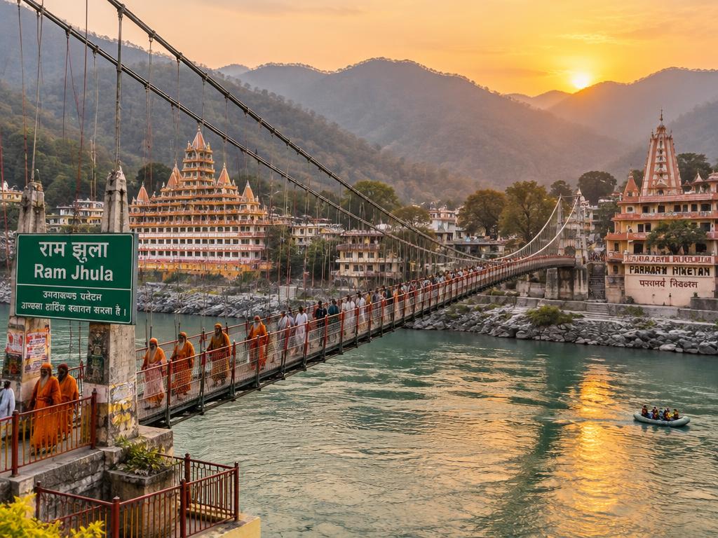 Ram Jhula bridge at sunset, Rishikesh — sadhus crossing the Ganges