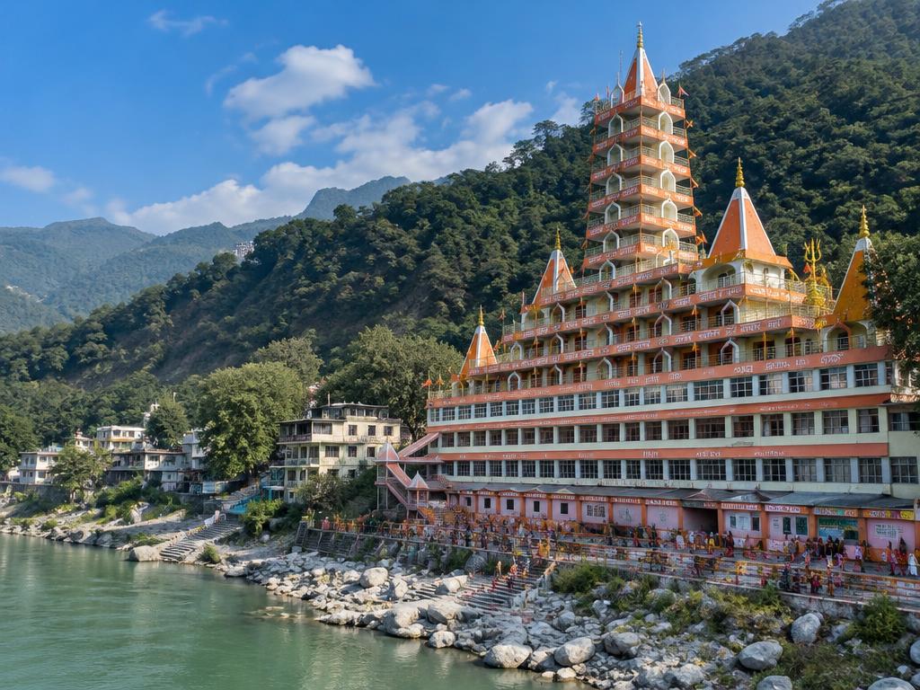 Tera Manzil Temple, the 13-storey temple on the Ganges bank near Laxman Jhula, Rishikesh