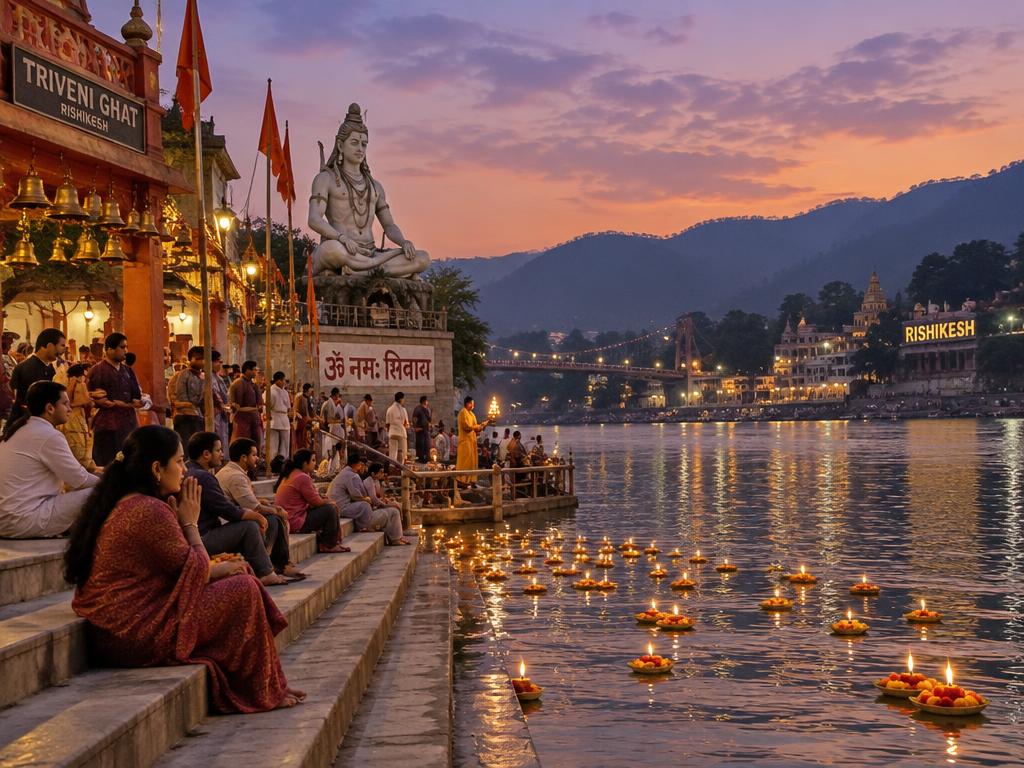 Triveni Ghat at dusk, Rishikesh — Shiva statue and floating oil lamps on the river
